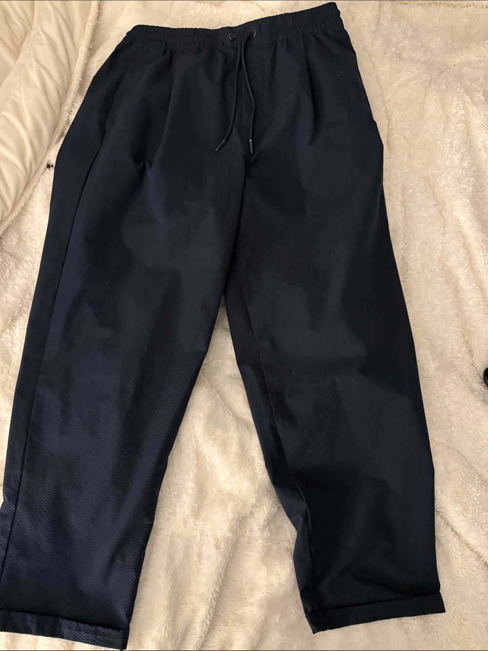 VRST Mens pants Navy Blue Relaxed Straight Leg Drawstring Textured and cuffed